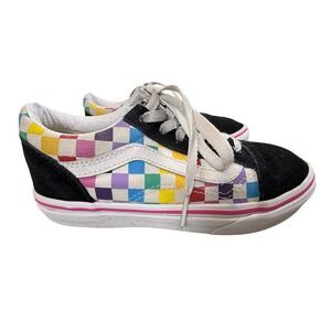 Vans Old Skool Rainbow Checkerboard Black Suede Low‎ Top Sneakers Kids Size 3.0